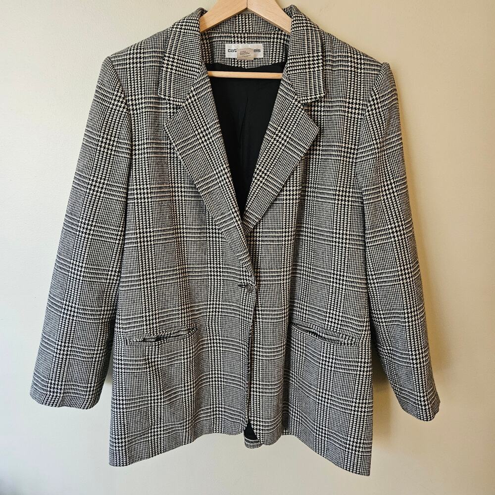 Vintage Women's Wool Blend Oversized Blazer, Size 16 Houndstooth Tweed Preppy